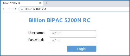 Billion BiPAC 5200N RC router default login